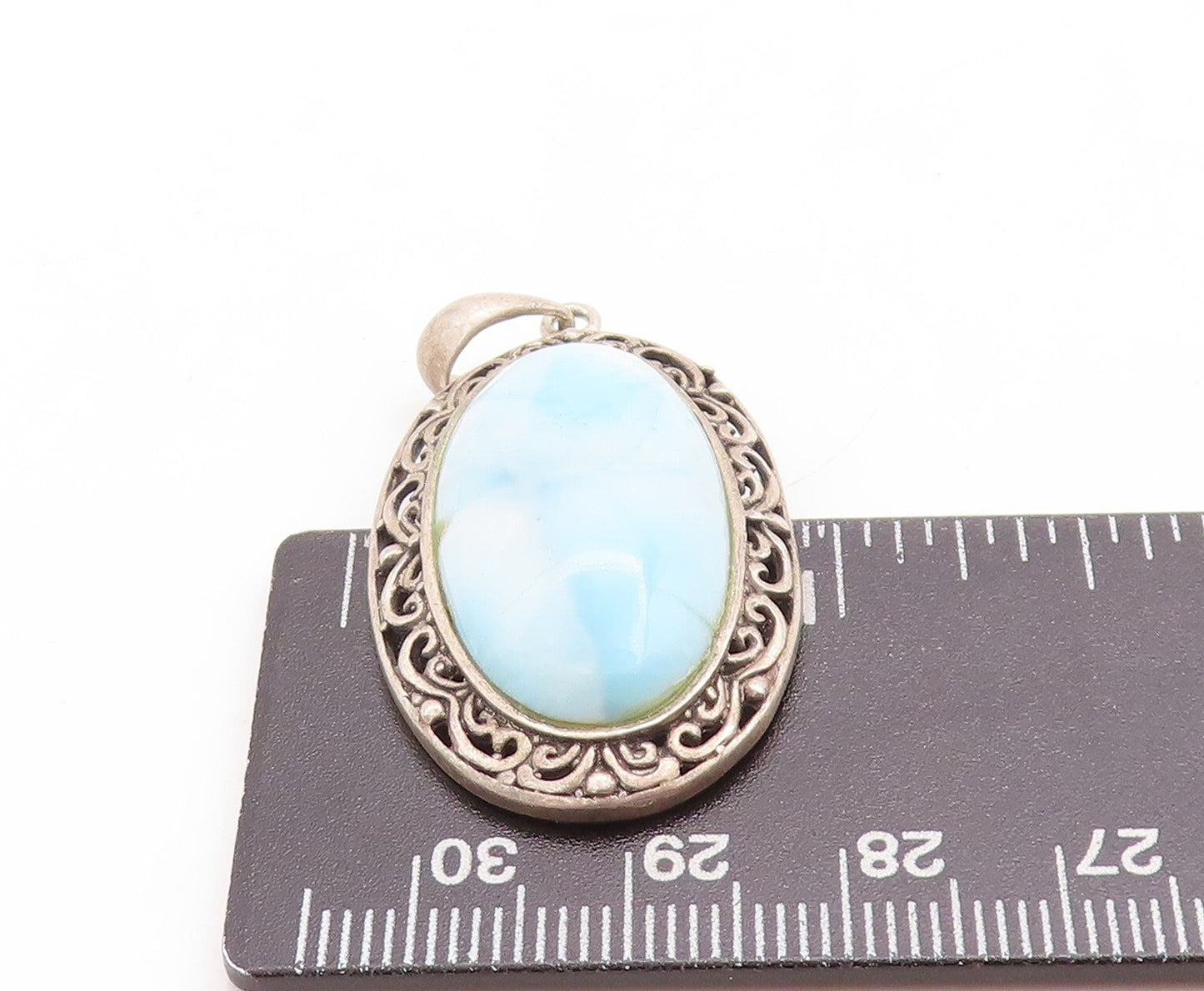 925 Sterling Silver Vintage Pendant Swirly Carved Oval Frame Larimar  PT23761