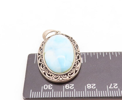 925 Sterling Silver Vintage Pendant Swirly Carved Oval Frame Larimar  PT23761