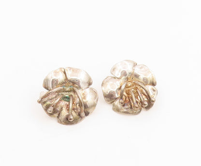 14k Gold & 925 Sterling Silver Vintage Earrings Modernist Floral Studs  EG13811
