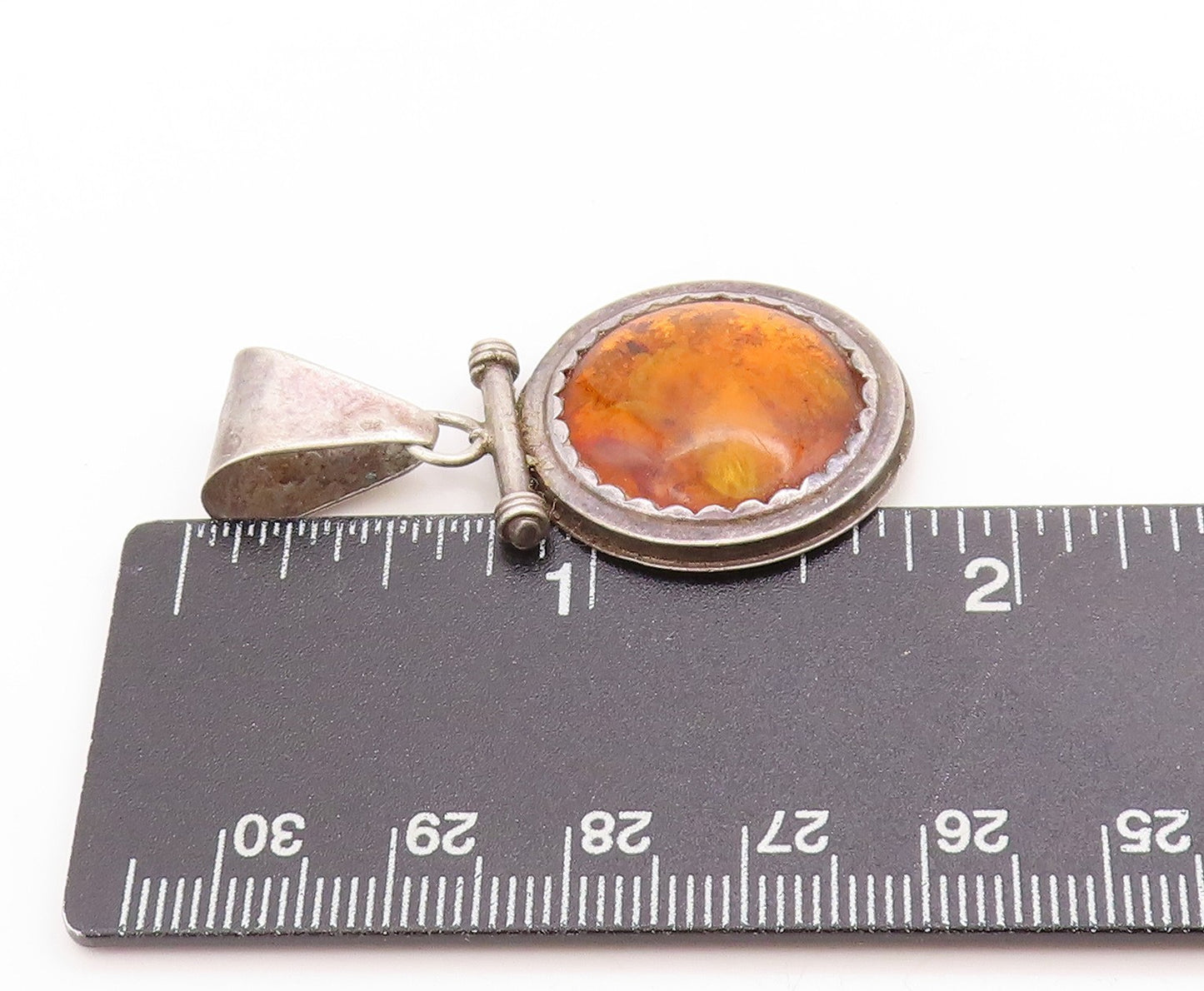 925 Sterling Silver Vintage Pendant Cabochon Honey Amber Toggle Design  PT25047