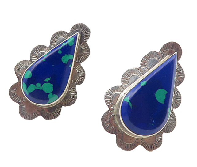 MEXICO 925 Sterling Silver Vintage Azurite Etched Border  Earrings  EG3963