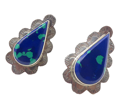 MEXICO 925 Sterling Silver Vintage Azurite Etched Border  Earrings  EG3963