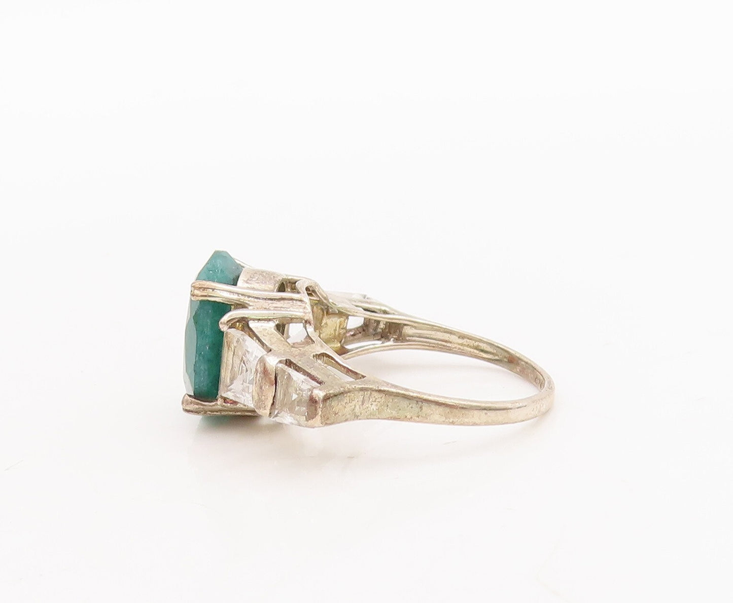 925 Sterling Silver Vintage Ring Oval Cut Emerald & Topaz Inlay  Sz 7  RG29210