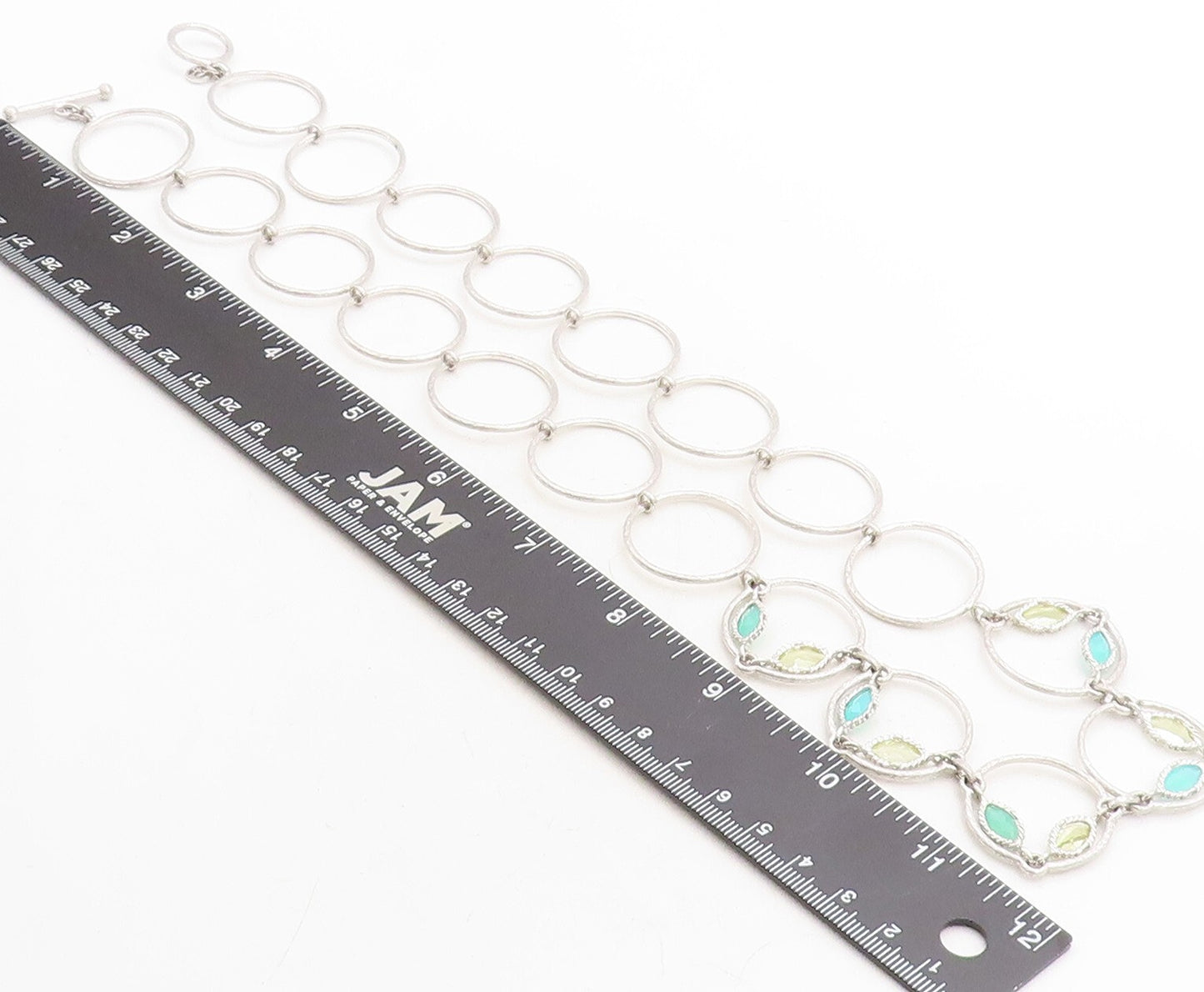 925 Sterling Silver  Chalcedony & Topaz Open Circle Link Chain Necklace NE1657