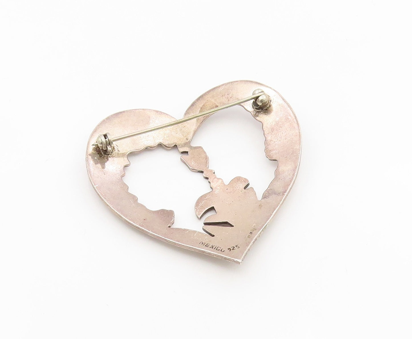 925 Sterling Silver Vintage Brooch MEXICO Cutout Couple In Love Heart  BP12134