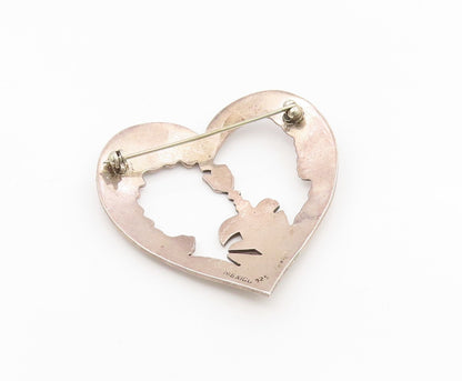 925 Sterling Silver Vintage Brooch MEXICO Cutout Couple In Love Heart  BP12134