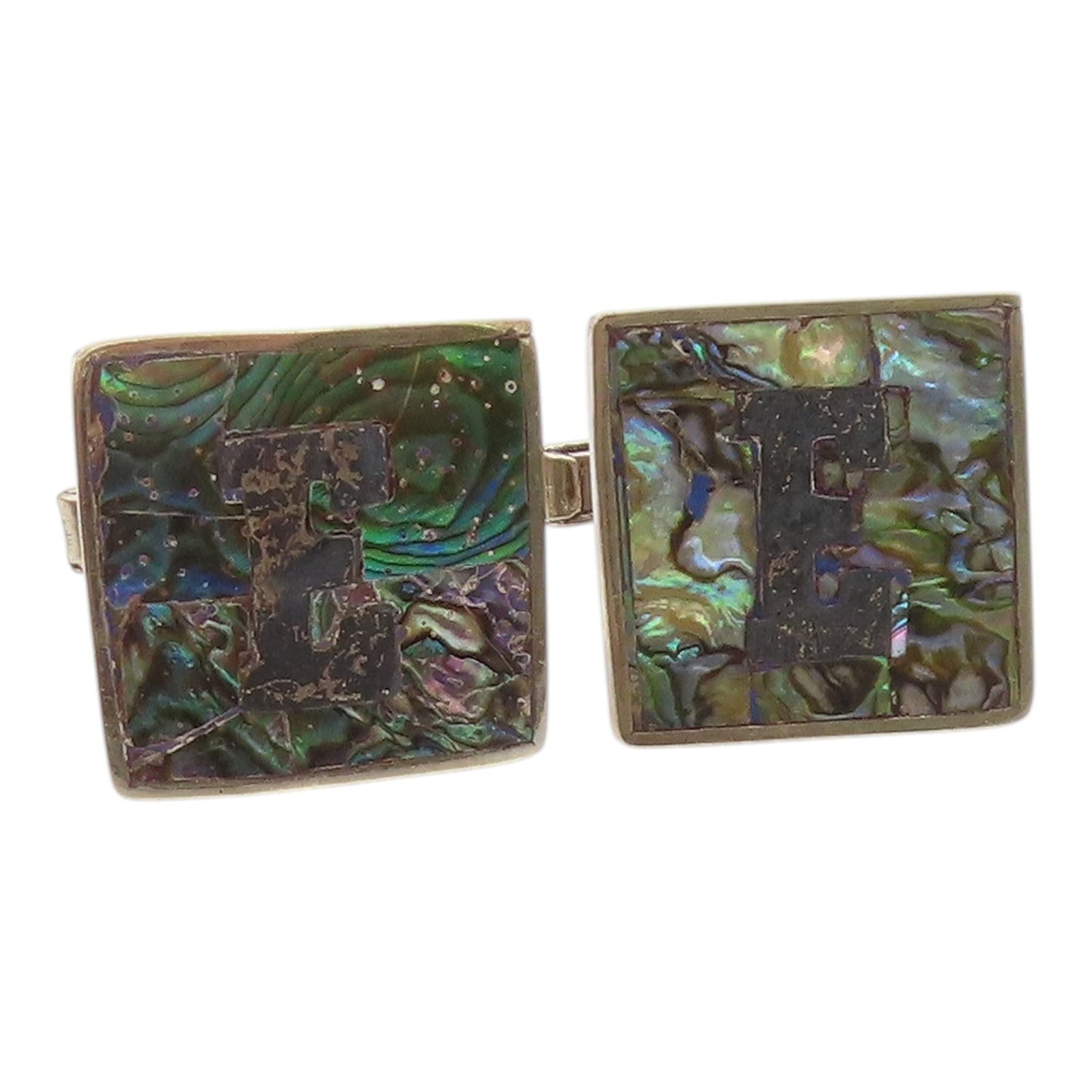 MEXICO 925 Silver  Vintage Inlaid Abalone Initial E Square Cufflinks  TR3370
