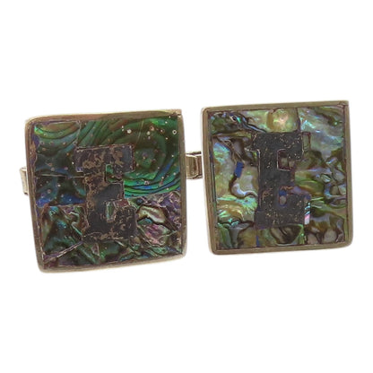MEXICO 925 Silver  Vintage Inlaid Abalone Initial E Square Cufflinks  TR3370