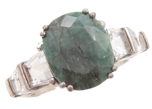 925 Sterling Silver Vintage Ring Green Oval Cut Gemstone & CZ  Sz 7  RG29500