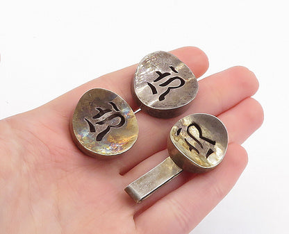 MEXICO 925 Sterling Silver  Vintage Concave Cuff Links & Tie Clip Set  TR1226