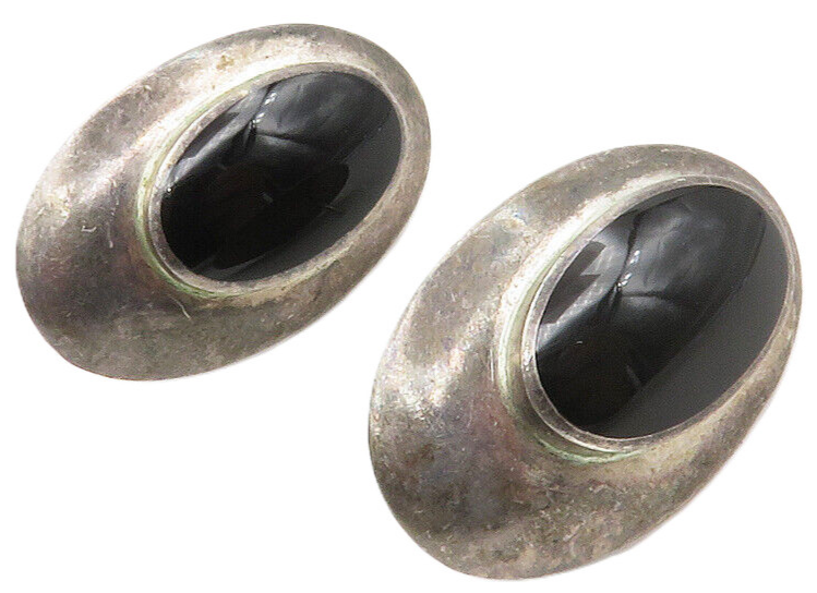 925 Sterling Silver  Vintage Black Onyx Oval Dark Tone Drop Earrings  EG6942