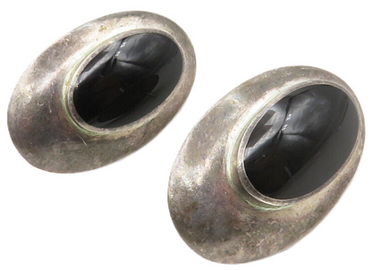 925 Sterling Silver  Vintage Black Onyx Oval Dark Tone Drop Earrings  EG6942