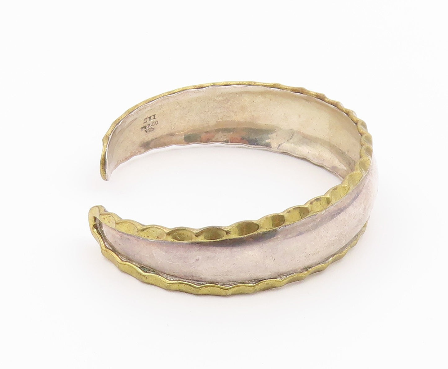 CII MEXICO 925 Silver  Vintage 2 Tone Wavy Trim Tapered Cuff Bracelet  BT9212