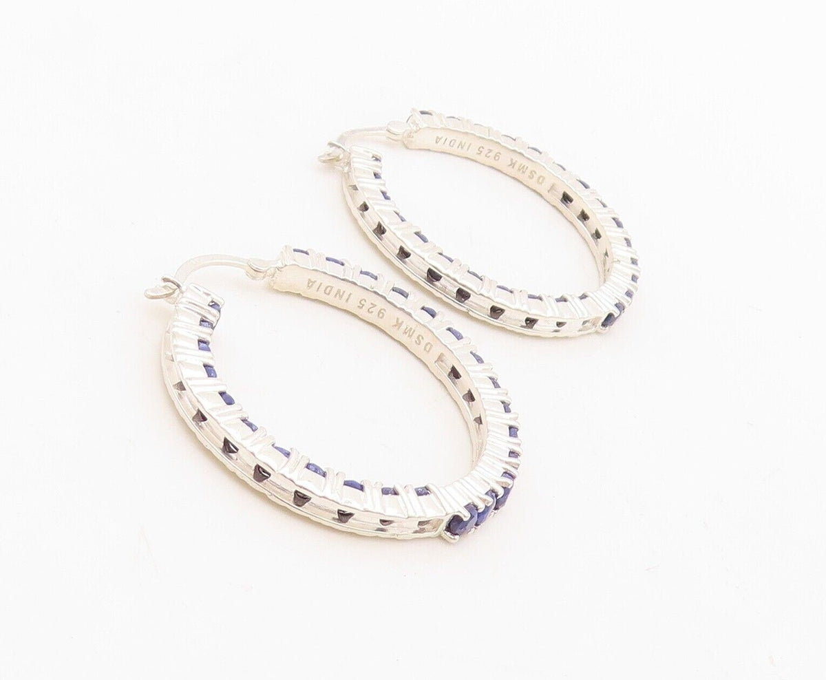 925 Sterling Silver Vintage Earrings Minimalist Sapphire Inlay Hoops  EG13155