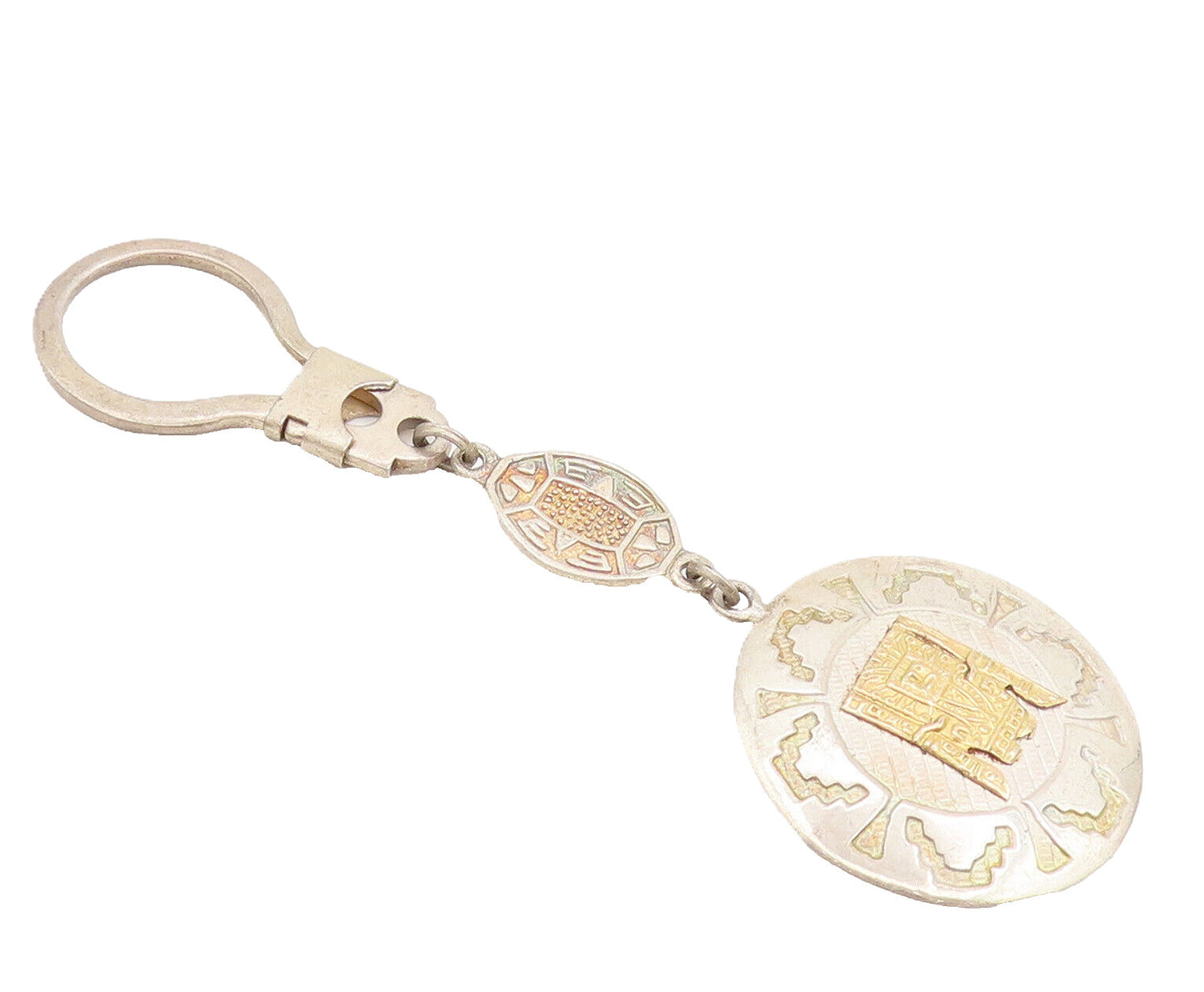 18k GOLD & 925 Silver  Vintage Peru Etched Figures Circular Keychain  TR3589