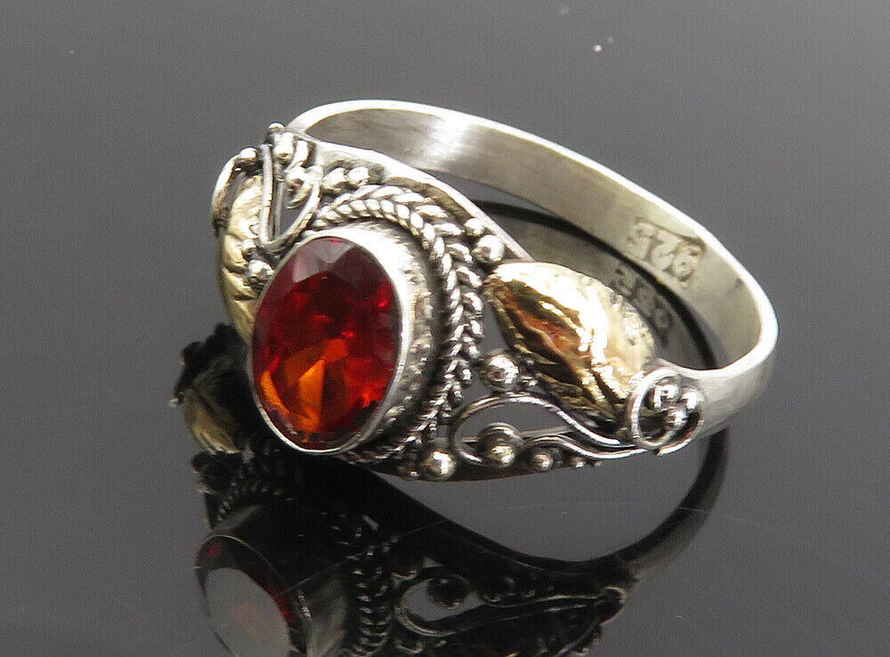 925 Silver & 18K GOLD  Vintage Red Topaz 2 Tone Solitaire Ring Sz 6.5  RG8701