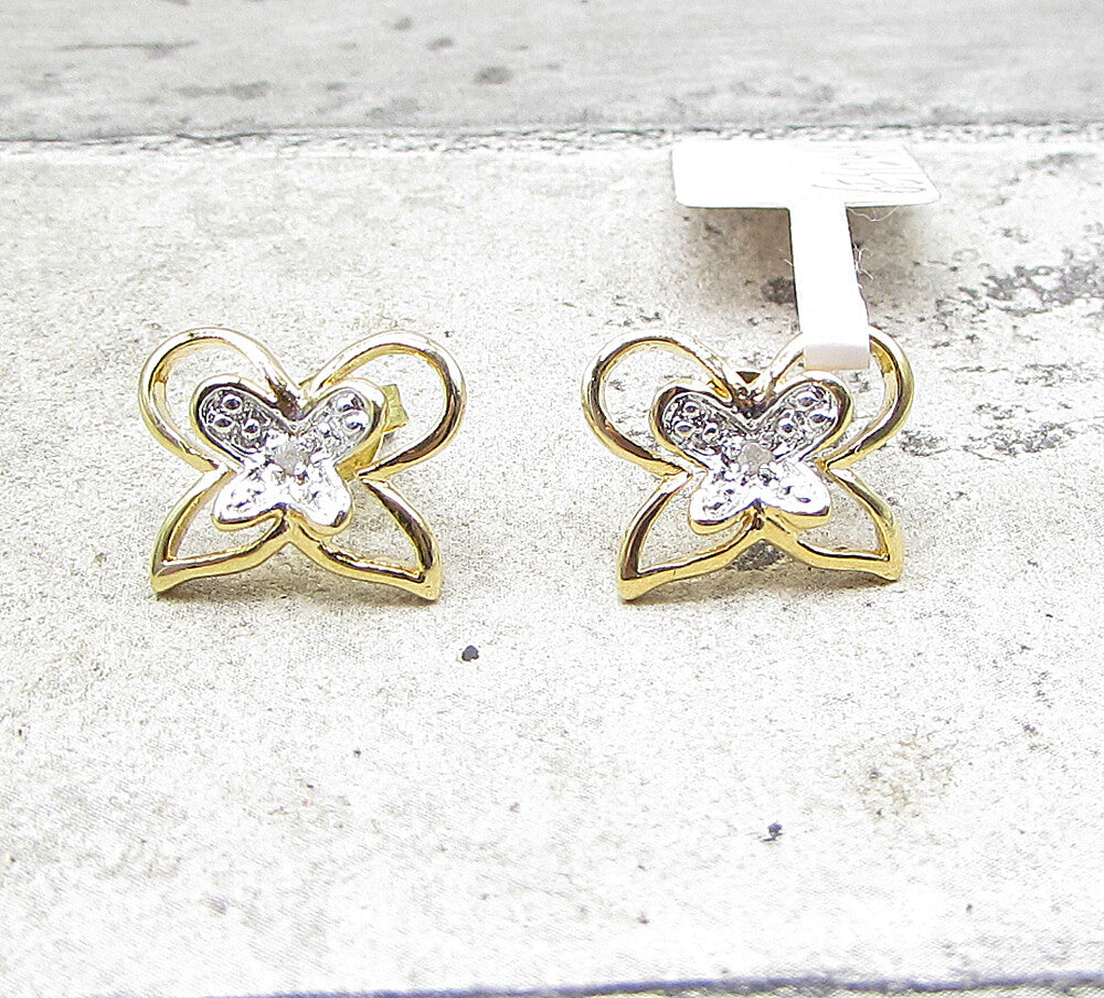 Gold Over 925 Sterling Silver Genuine Diamonds Butterfly Stud Earrings EG1047