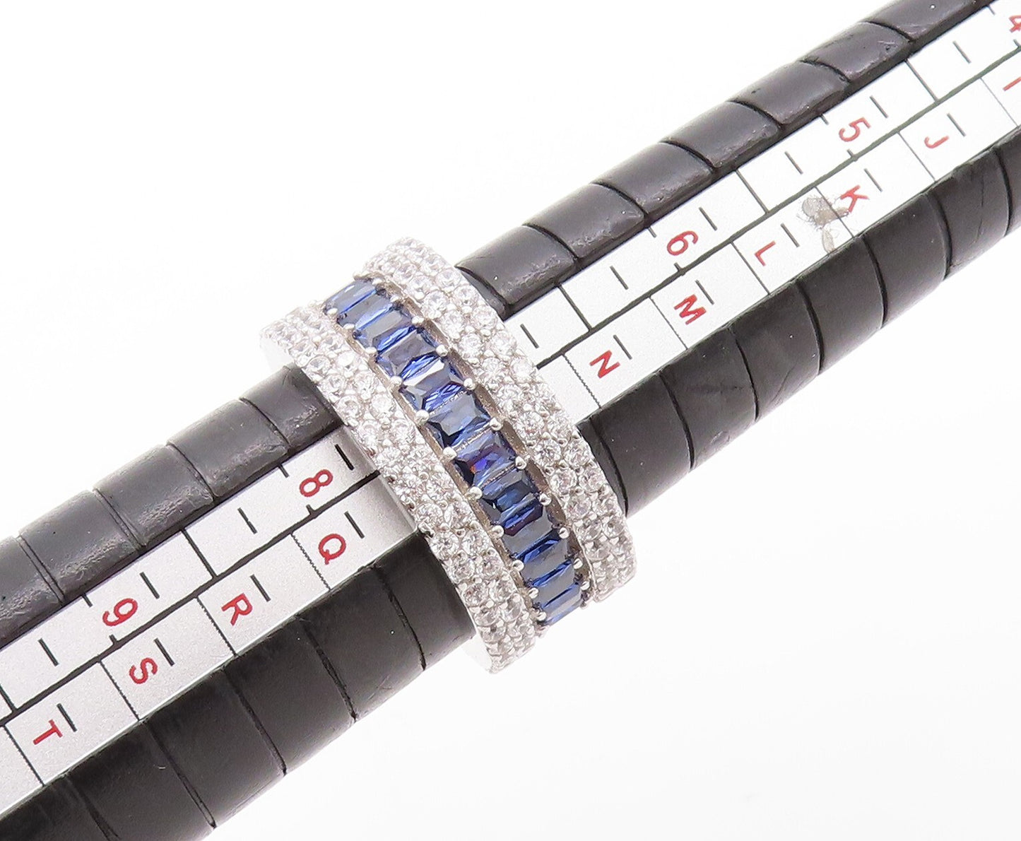 925 Sterling Silver Vintage Ring Rectangle Sapphire & CZ Bands  Sz 7.5  RG30913