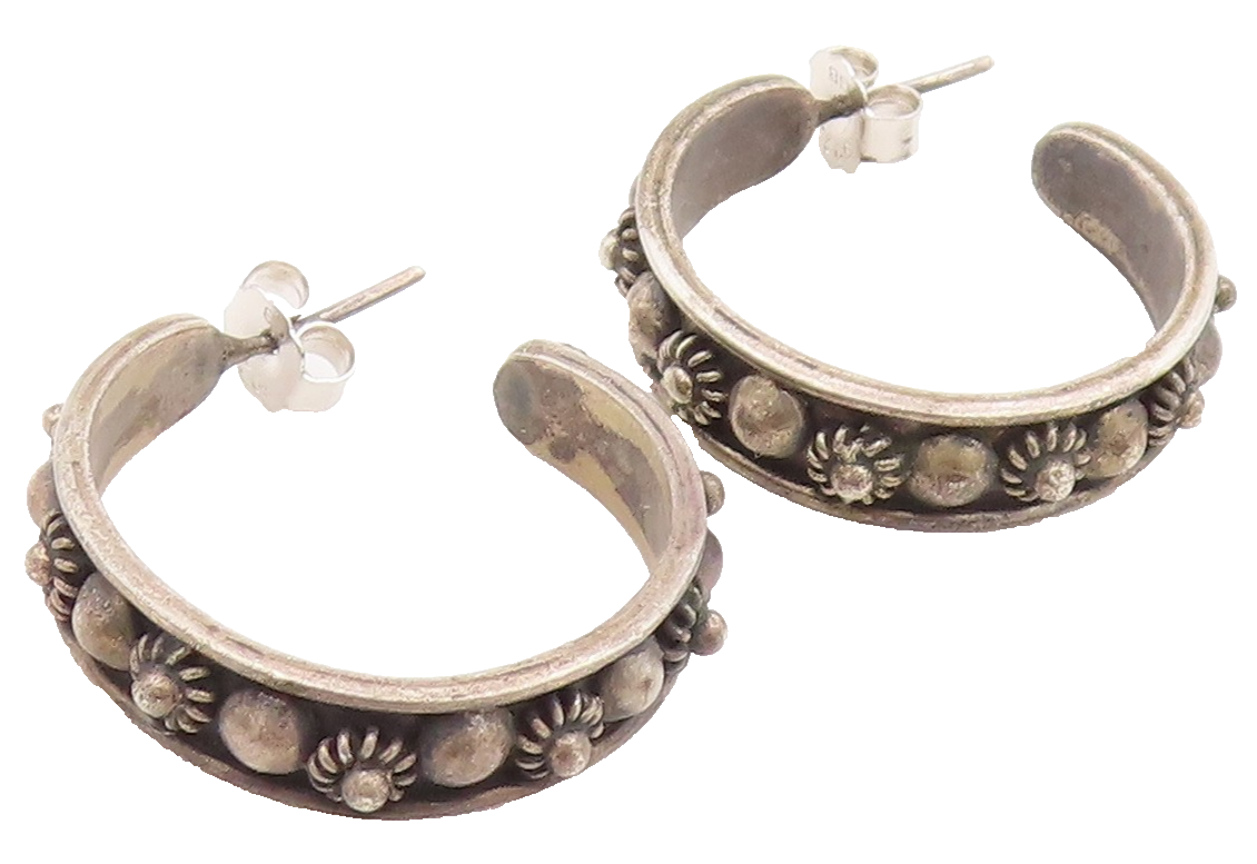 925 Sterling Silver Vintage Earrings MEXICO Classic Floral Beaded Hoops  EG14315