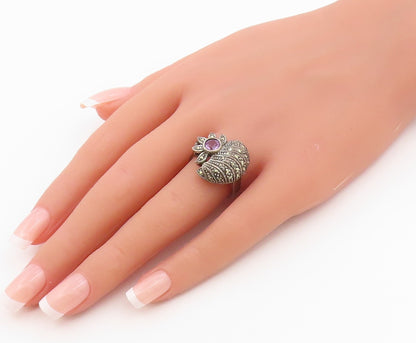 925 Sterling Silver Vintage Ring Amethyst Floral Statement Band  Sz 8.5  RG36487
