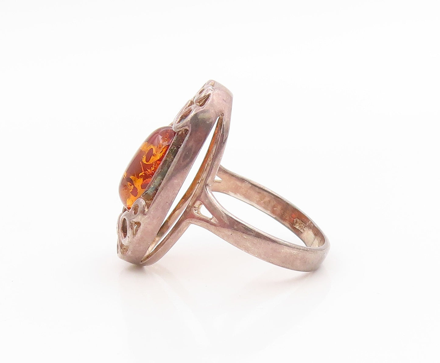 925 Sterling Silver Vintage Ring Cabochon Amber Circles Cutout Band Sz 7 RG35726