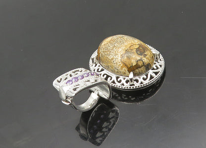 925 Sterling Silver  Vintage Cabochon Cut Jasper & Amethyst Pendant  PT15644