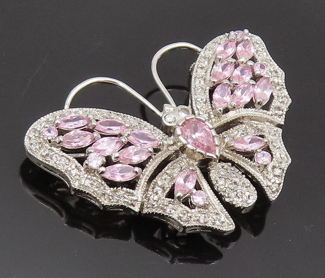 925 Sterling Silver  Vintage Pink & White CZ Butterfly Brooch Pin  BP10522