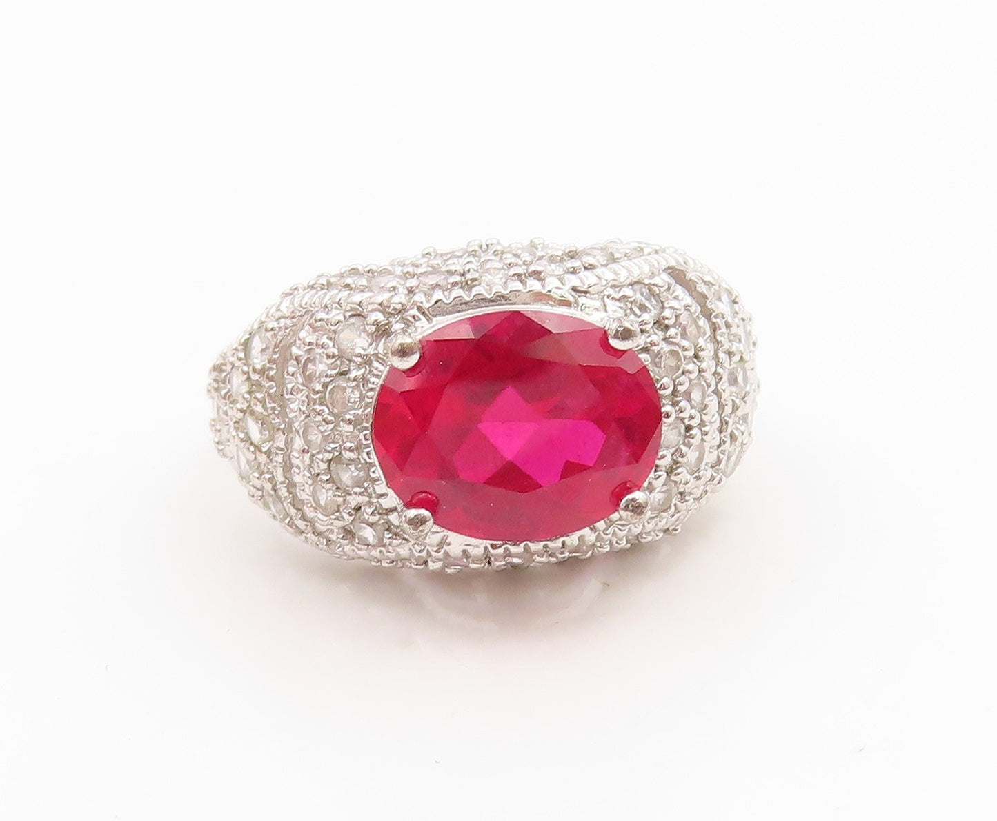 925 Sterling Silver Vintage Ring Oval Ruby & Topaz Statement Band  Sz 7  RG35866