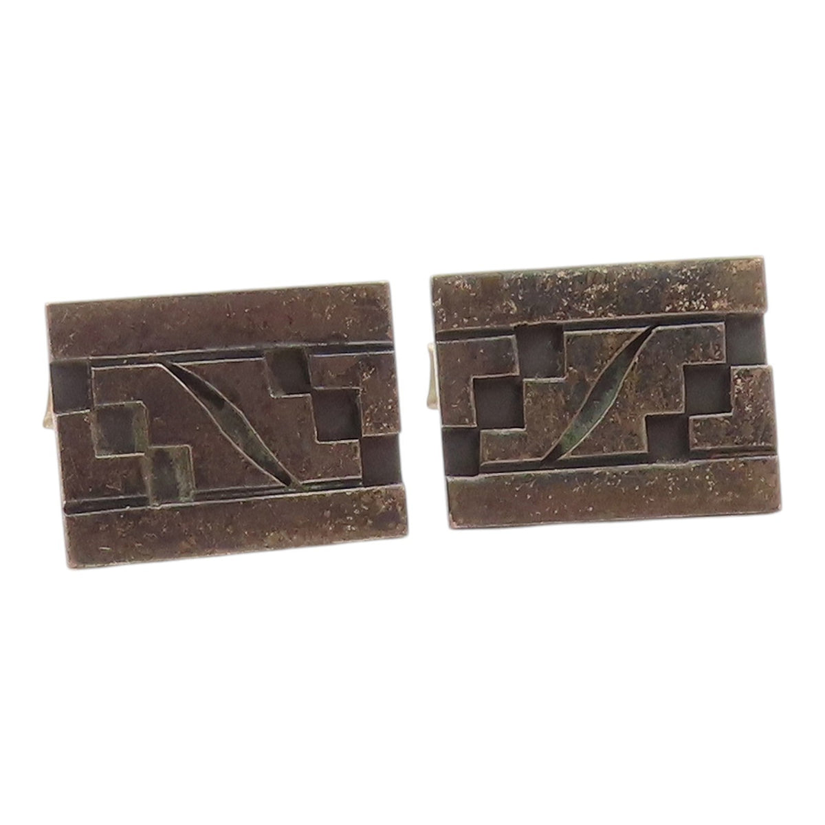 TAXCO 925 Silver  Vintage Carved Stairs Maze Motif Tribal Cuff Links  TR3450