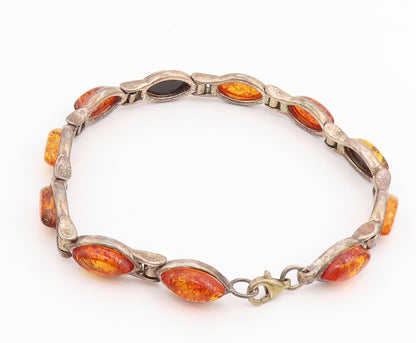 925 Sterling Silver Vintage Bracelet Dark Tone Cabochon Honey Amber  BT11012