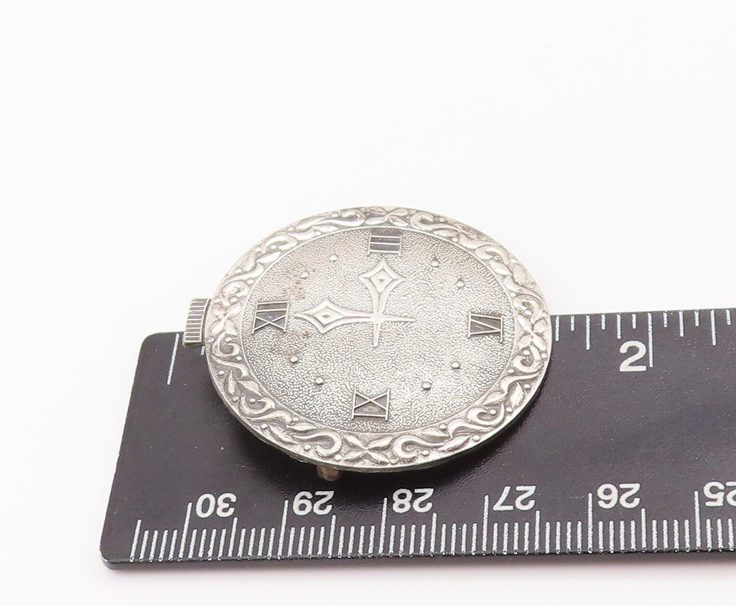 925 Sterling Silver Vintage Brooch Pin Swirly Carved Bordered Wall Watch BP10975