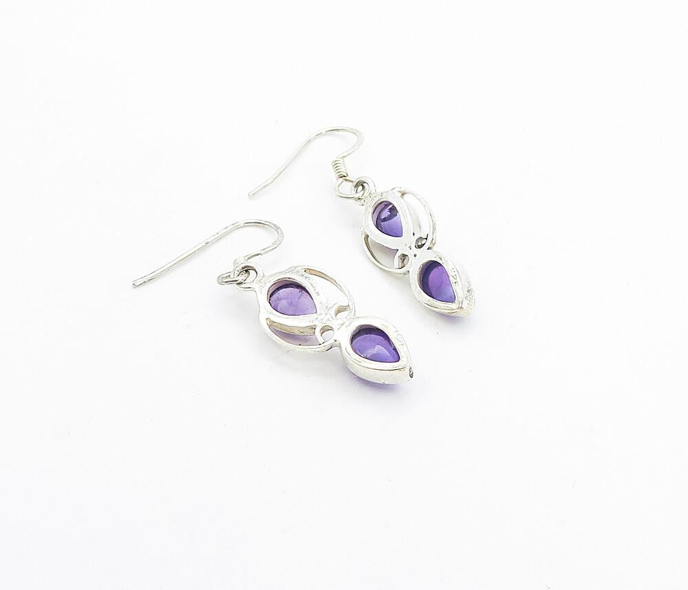925 Sterling Silver  Tear Drop Amethyst Shiny Swirl Dangle Earrings  EG3238