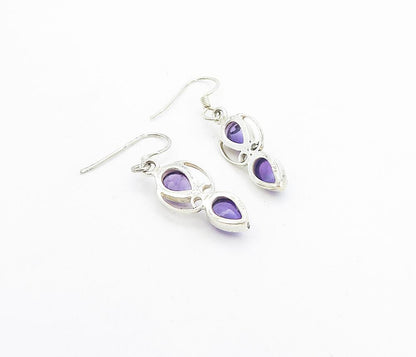 925 Sterling Silver  Tear Drop Amethyst Shiny Swirl Dangle Earrings  EG3238