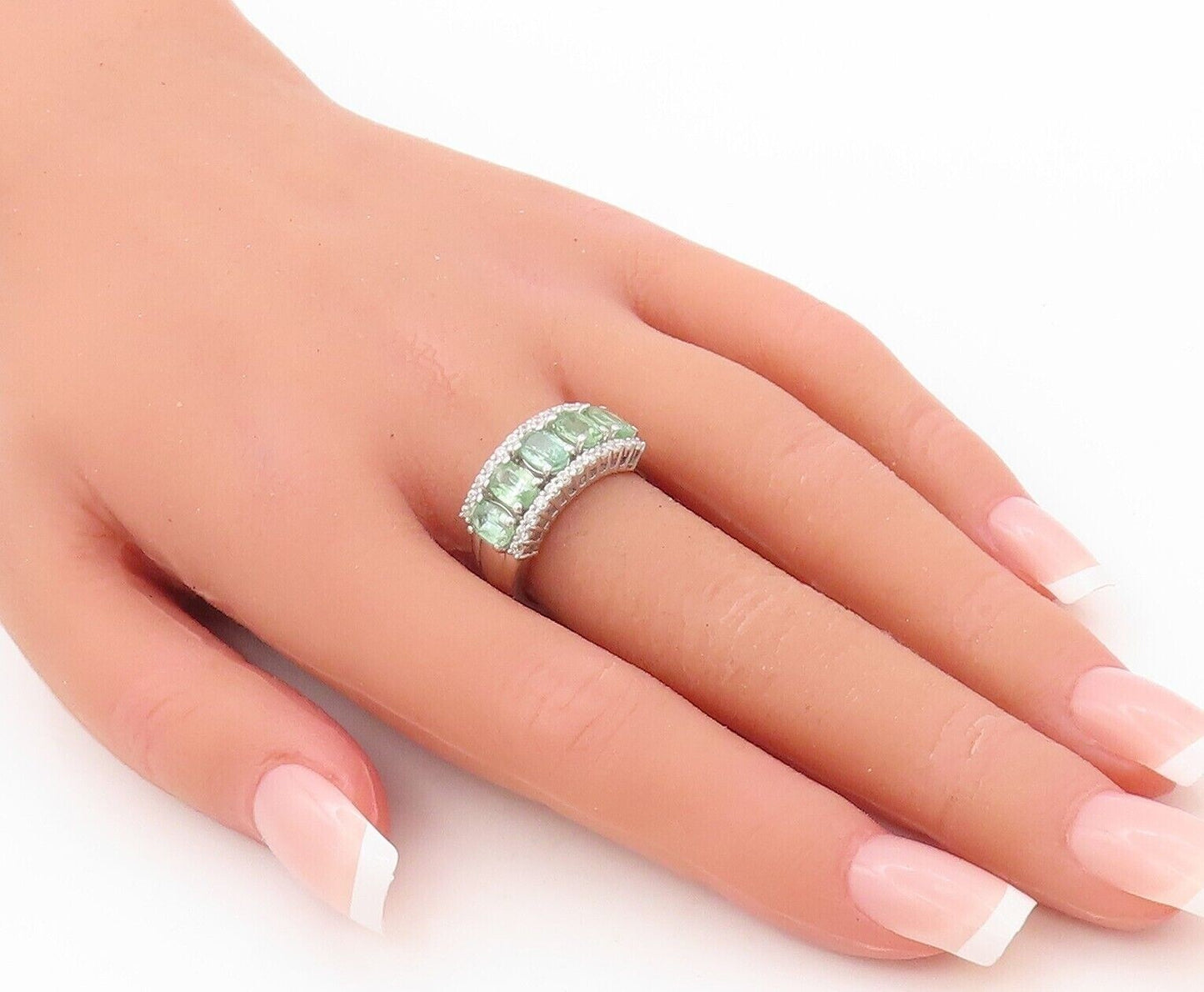 925 Sterling Silver Vintage Ring Rectangle Green White Topaz Band Sz 7.5 RG30286