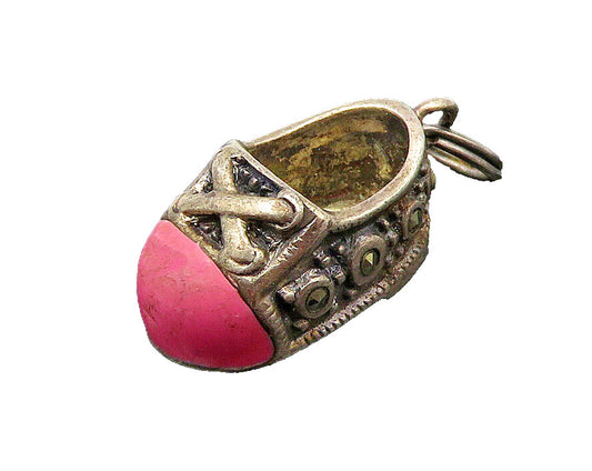 925 Sterling Silver  Vintage Enamel & Marcasite Mary Jane Shoe Pendant PT18679