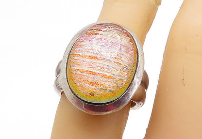 925 Sterling Silver  Vintage Shimmering Glass Art Cocktail Ring Sz 6  RG6822
