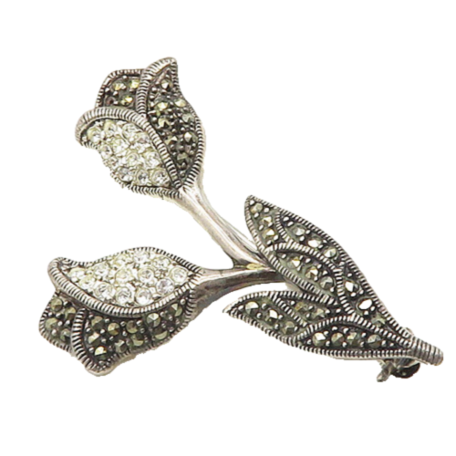 925 Silver  Vintage Cubic Zirconia & Marcasite Flowers Brooch Pin  BP7321