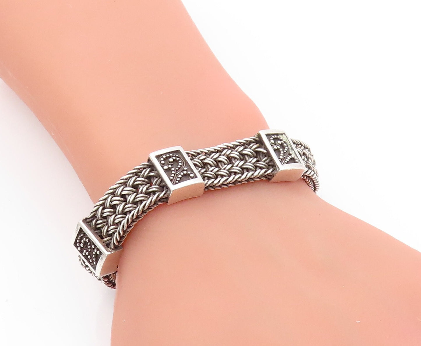 925 Sterling Silver Vintage Bracelet LOIS HILL Dark Tone Carved Chain  BT11175