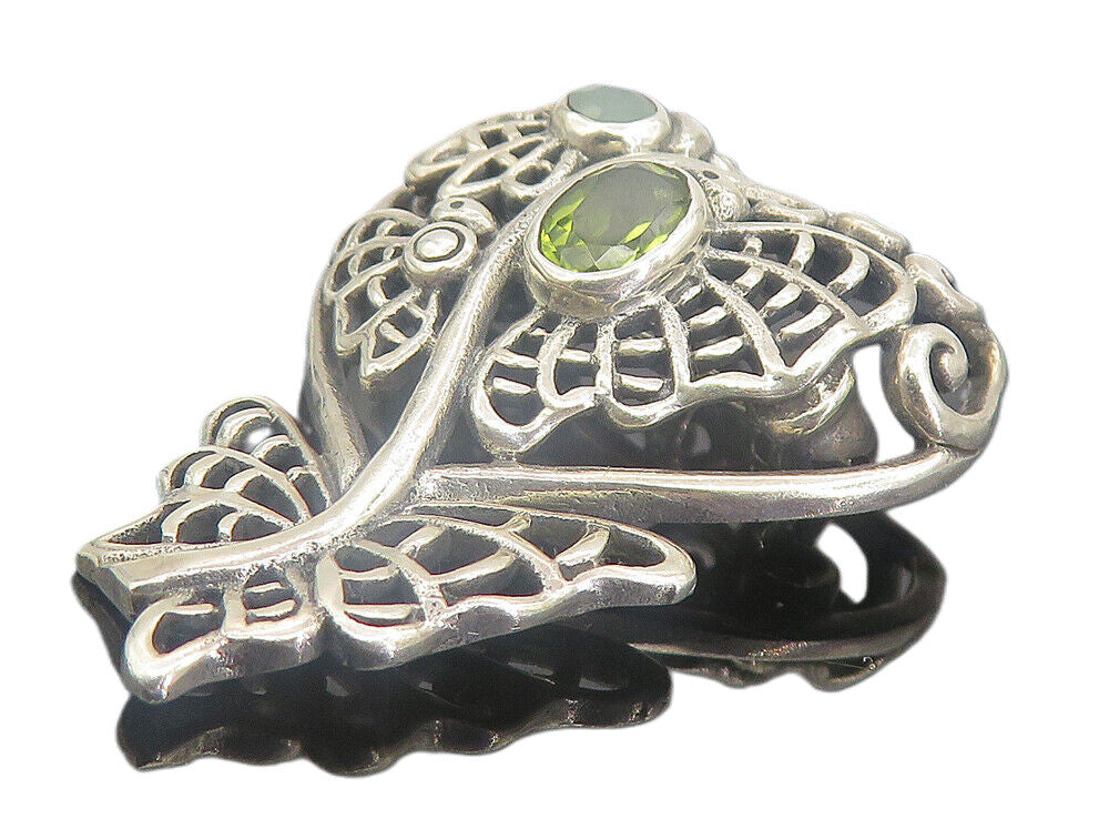 925 Sterling Silver  Vintage Topaz & Peridot Love Heart Brooch Pin  BP2925