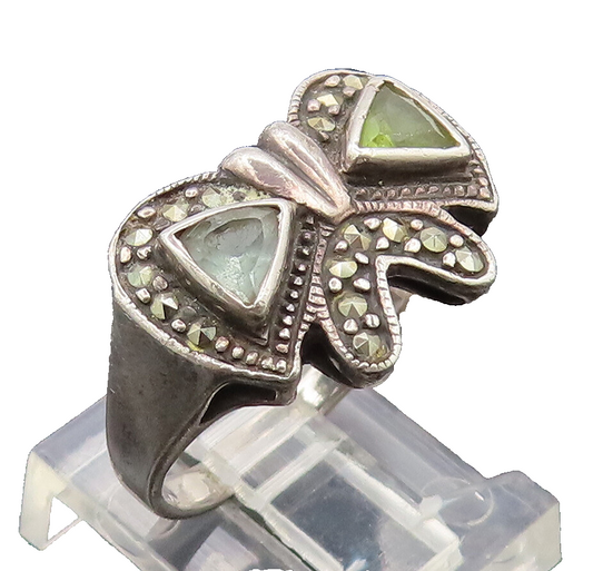 925 Silver  Vintage Blue & Yellow Topaz Halo Marcasite Bow Ring Sz 8  RG27171