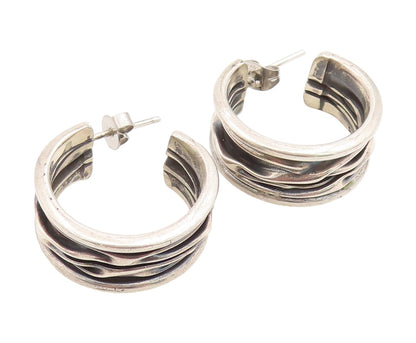 925 Sterling Silver Vintage Earrings Modernist Wavy Ribbed Wide Hoops  EG14108