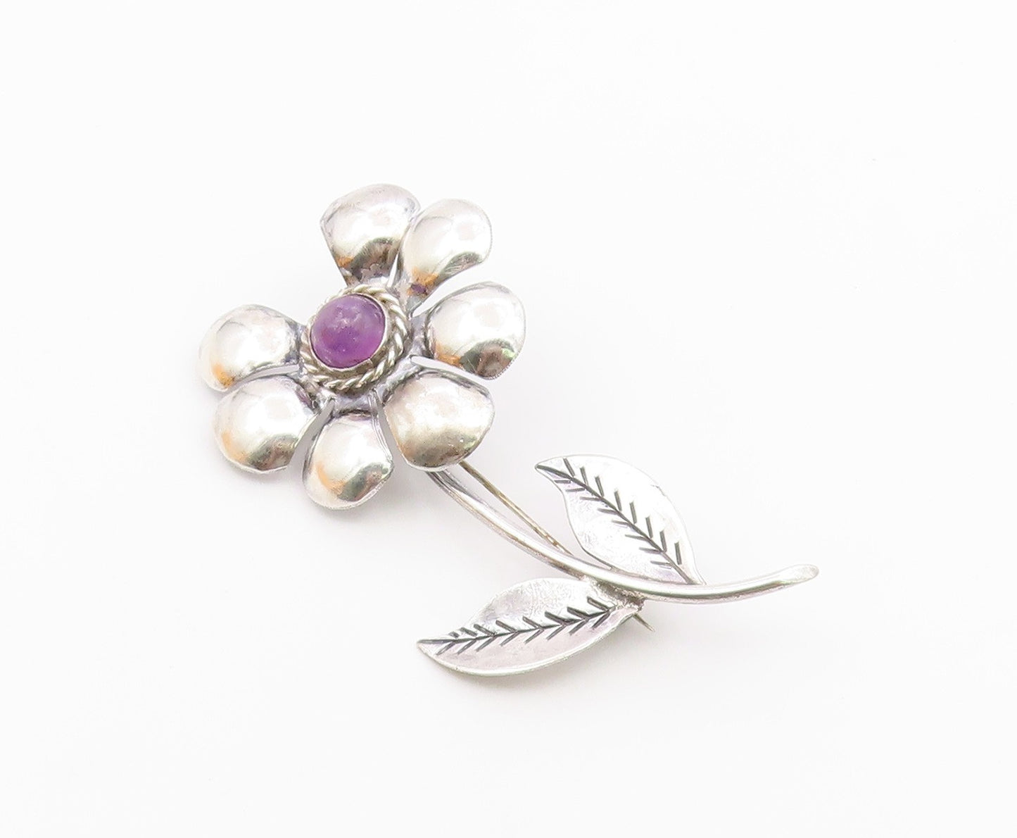 MEXICO 925 Silver  Vintage Amethyst Loves Me Loves Me Not Brooch Pin  BP3288