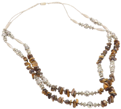 925 Silver  Vintage Engraved Sphere Bar & Tiger's Eye Layered Necklace  NE3877