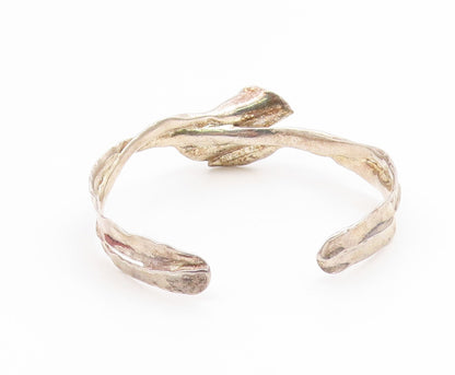 925 Sterling Silver Vintage Bracelet ISRAEL Pearl & Leaf Brutalist Cuff  BT11897