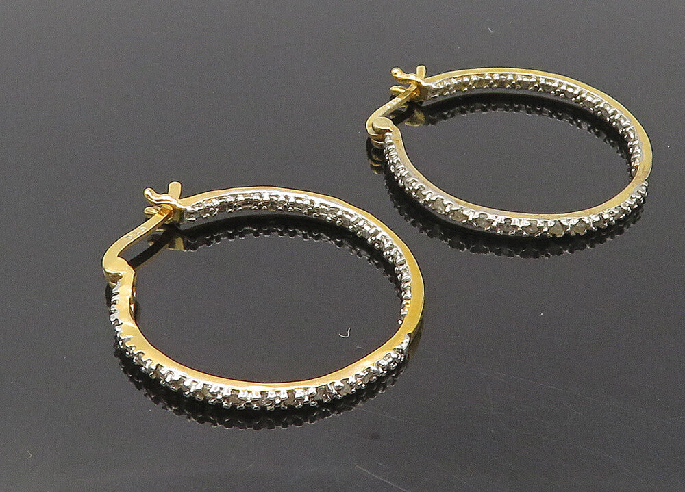 925 Sterling Silver  Genuine Diamonds Gold Plated Round Hoop Earrings  EG5364