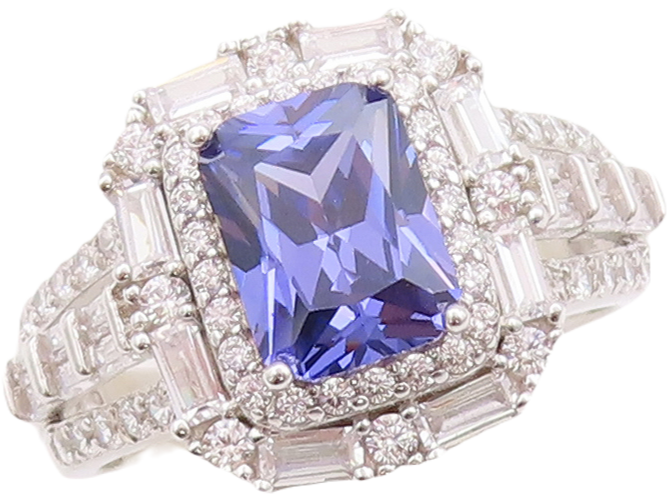 925 Sterling Silver Vintage Ring Rectangle Blue & White CZ Inlay  Sz 7  RG29797