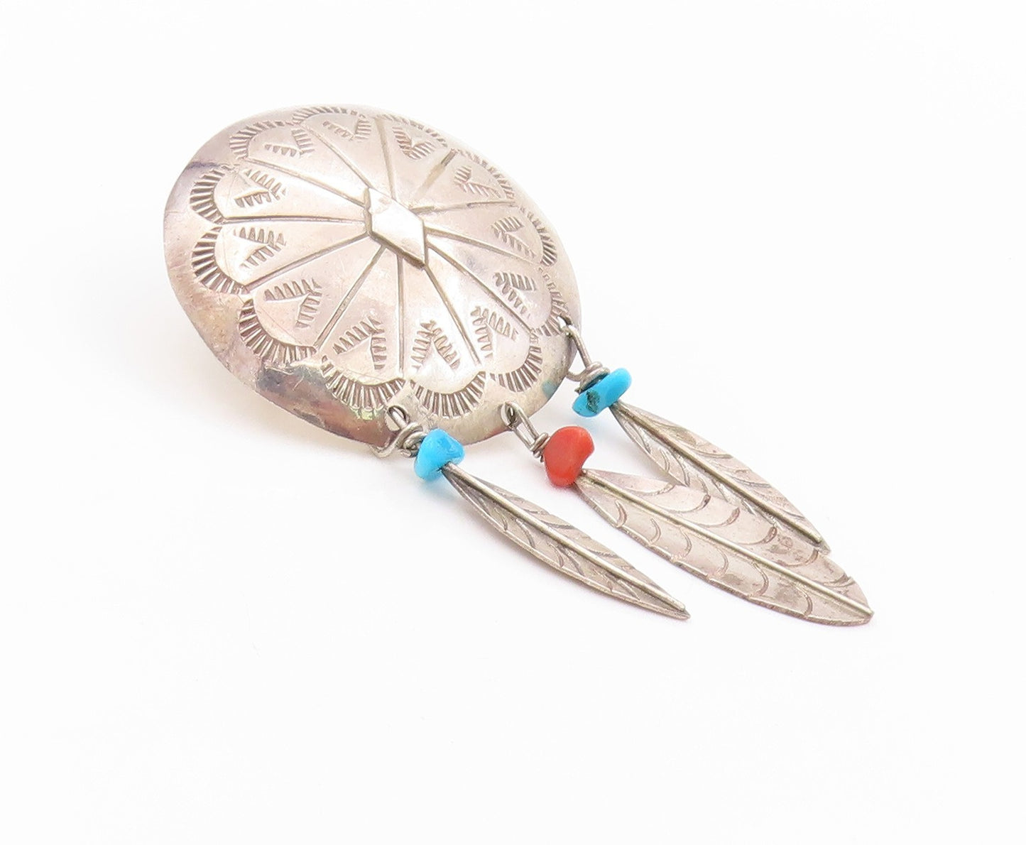 925 Sterling Silver Vintage Earrings SOUTHWESTERN Turquoise Feathers EG13530