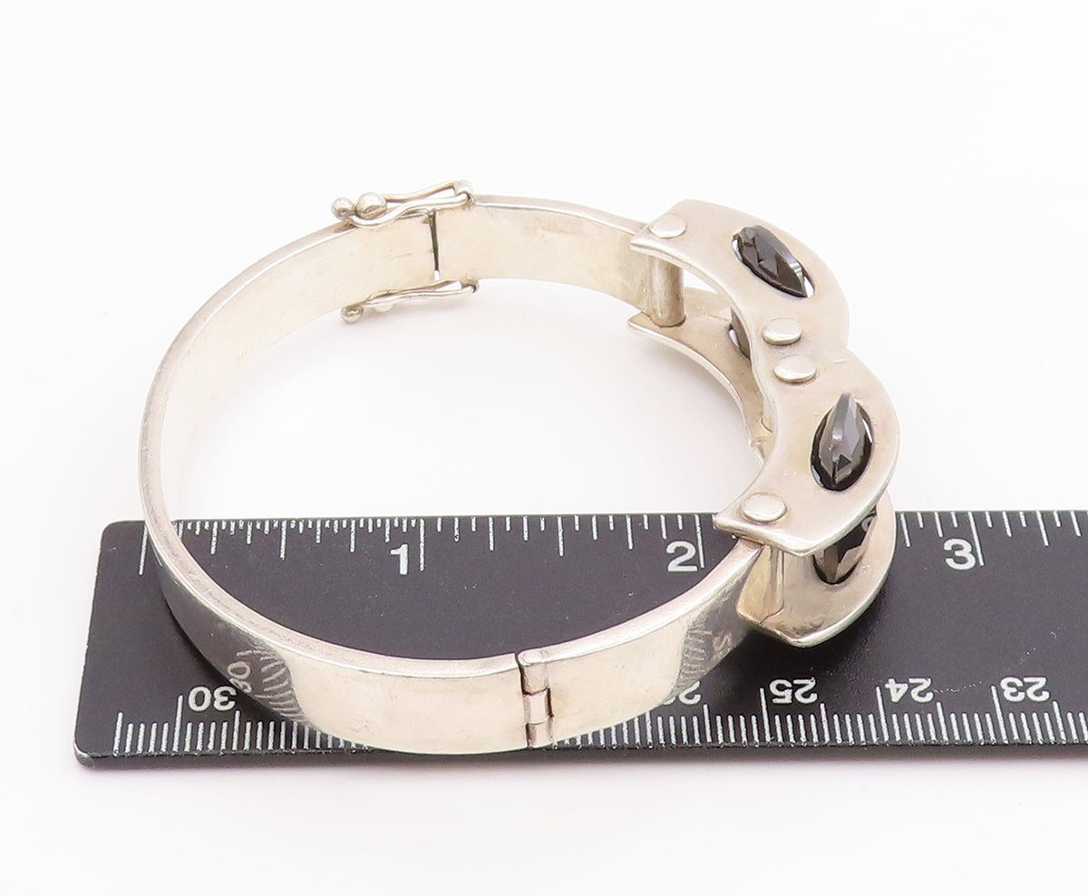 925 Sterling Silver Vintage Bracelet Modernist Design Cut Oval Hematite  BT11323