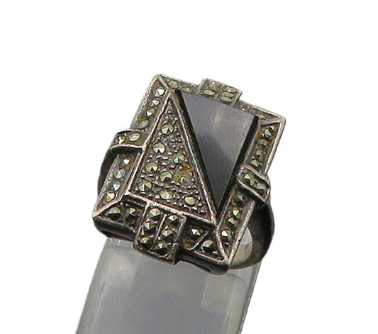 925 Silver  Vintage Black Onyx & Marcasite Petite Cocktail Ring Sz 4  RG21733