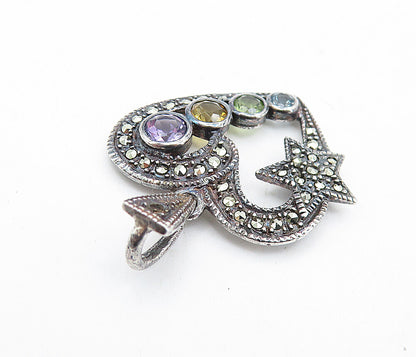 925 Sterling Silver Vintage Multi Gemstone Love Heart Star Pendant PT4841